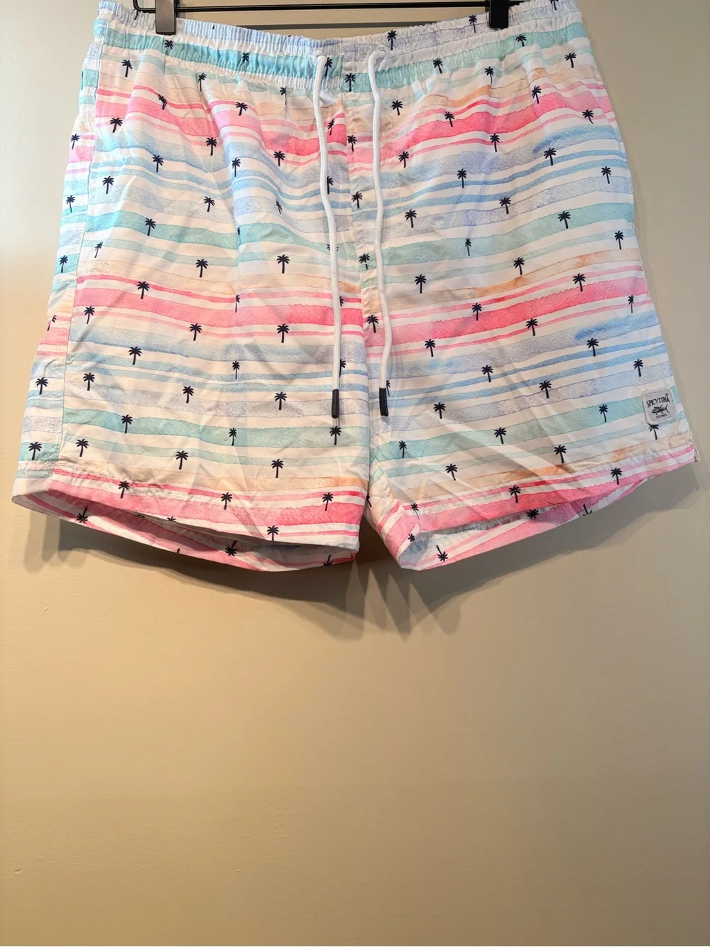 Men’s Pastel Stripe Palm-Print Swim Trunks - Multicolor